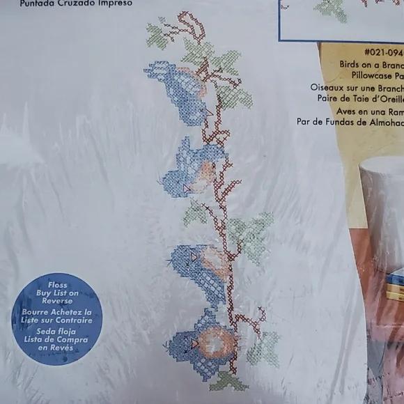 Birds on a Branch Cross Stitch Pillowcase Pair - Picture 3 of 4